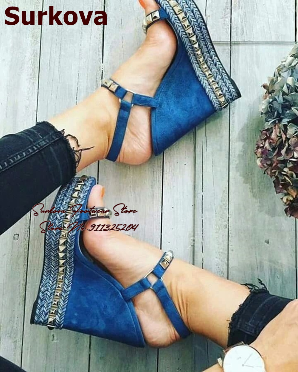 Women Shoes Jeans - Surkova Blue Denim Wedge Heel Gold