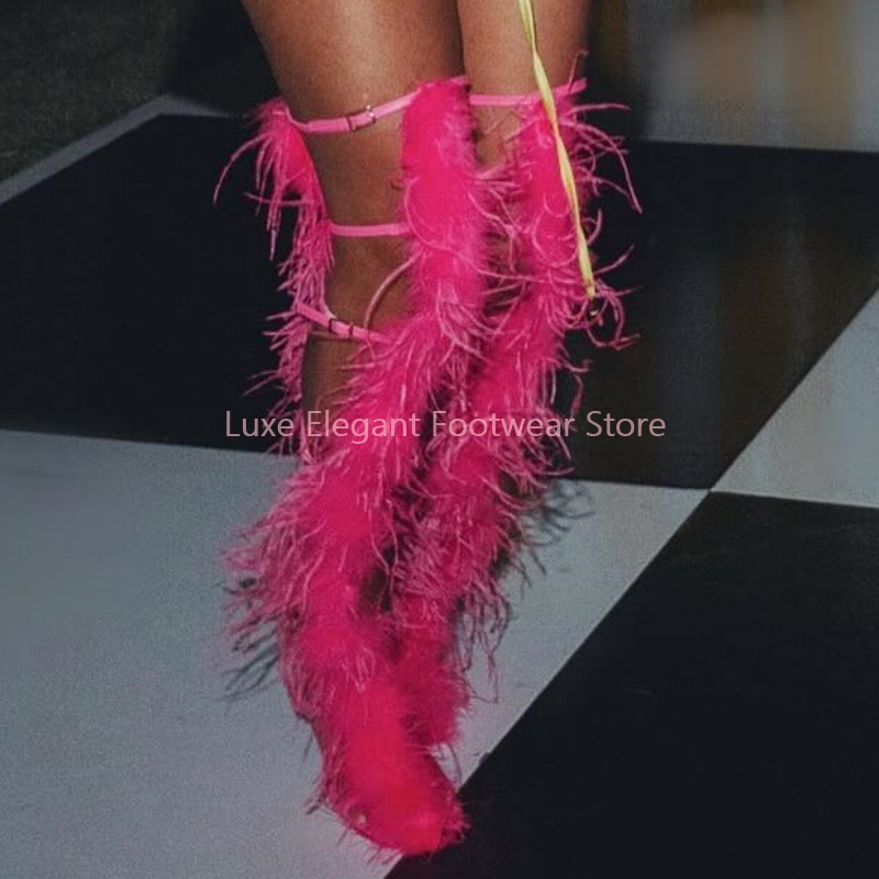 Pink Feather Strappy Hollow Bu - Knee High Boots Women recension och pris