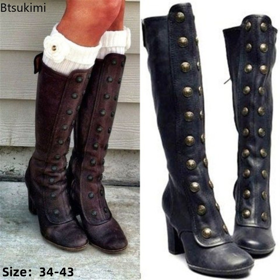 Retro Black Fashion Rivet Deco - Knee High Boots Women recension och pris