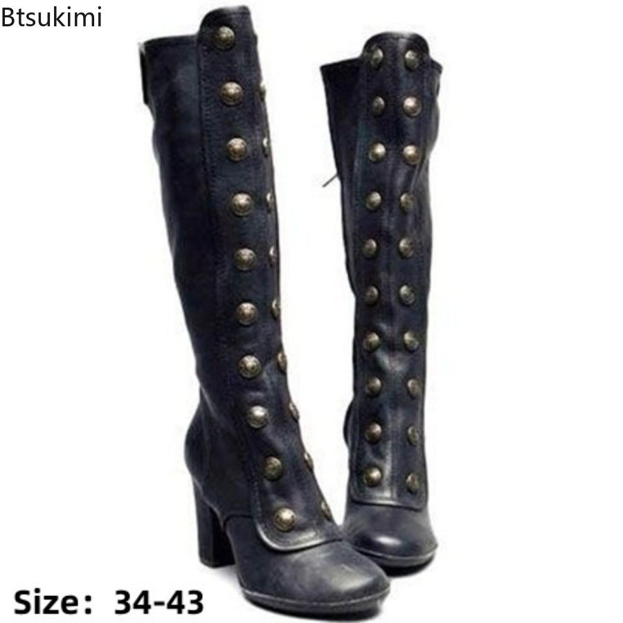 Retro Black Fashion Rivet Deco - Knee High Boots Women recension och pris